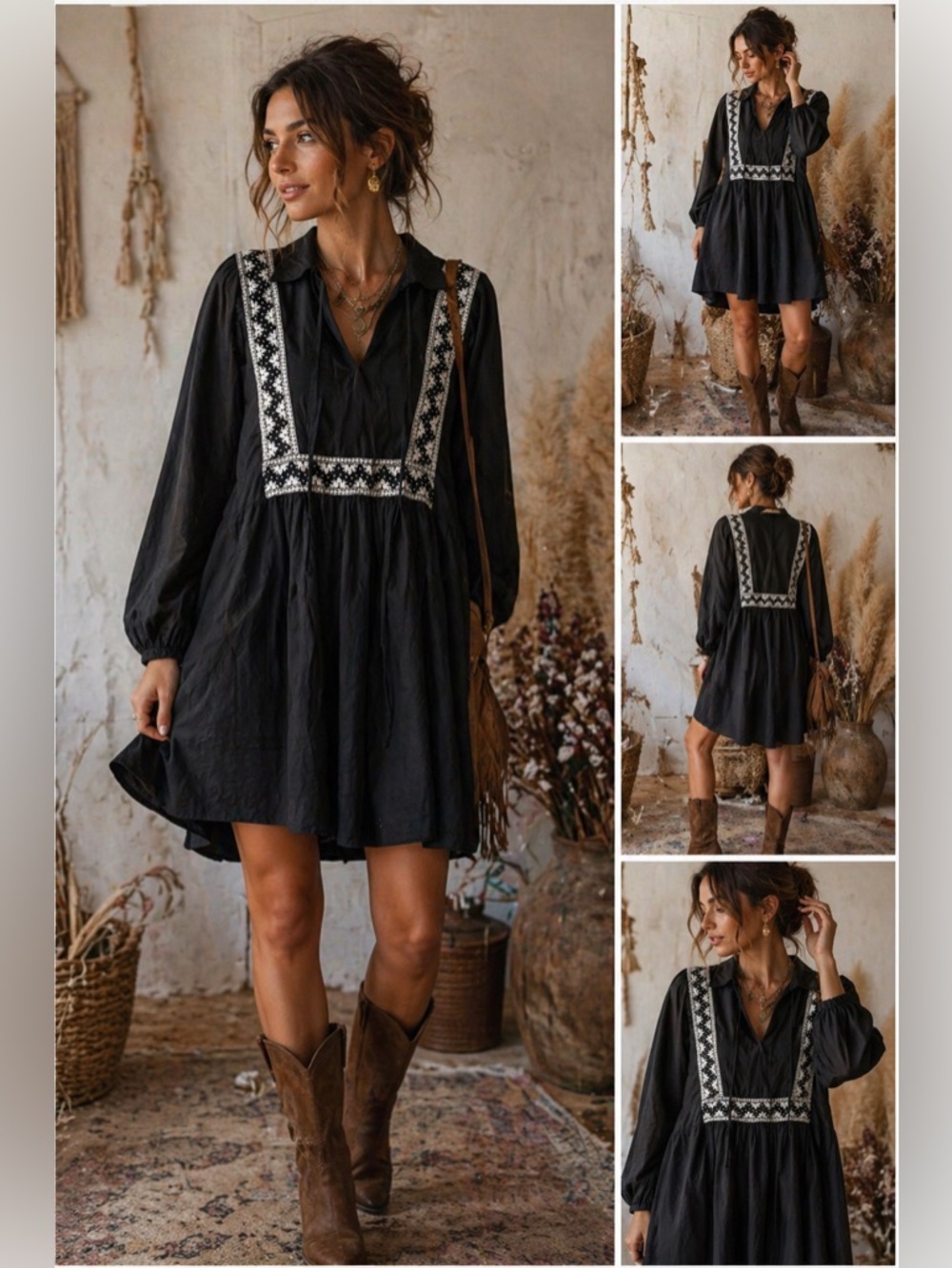 Momoní Antonia Black Embroidered Mini Dress Boho Chic Bell Sleeve Flared Cotton